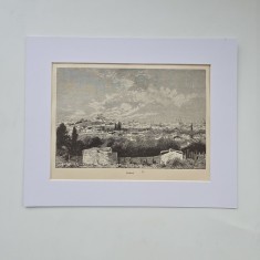 Bukarest / Bucuresti: vedere generala, litografie din anul 1895, gravura - gravor J. Kirchner (?), 20 x 25 cm (cu paspartu)