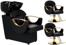 Set scafă coafor Jayce + 2 scaune coafură cu suport hidraulic, pivotant, pentru picioare, bol ceramic și accesorii