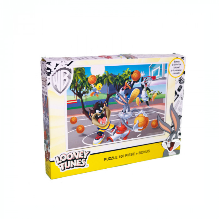 Puzzle 100 de piese Looney Tunes + bonus: 3 foi de colorat + 4 creioane colorate