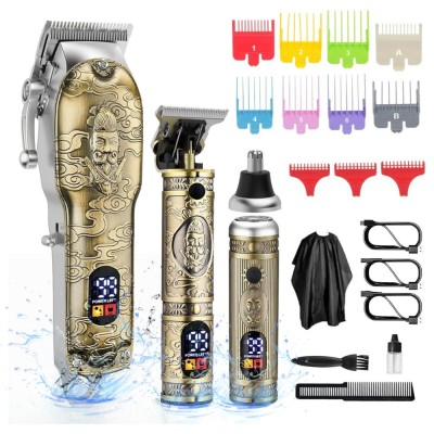 Masina de tuns si aparat de ras, 3 in 1, profesionala, trimmer cu lama T pentru par/barba/par corporal/nas, cu acumulator, afisaj LED, Set, rezistent foto