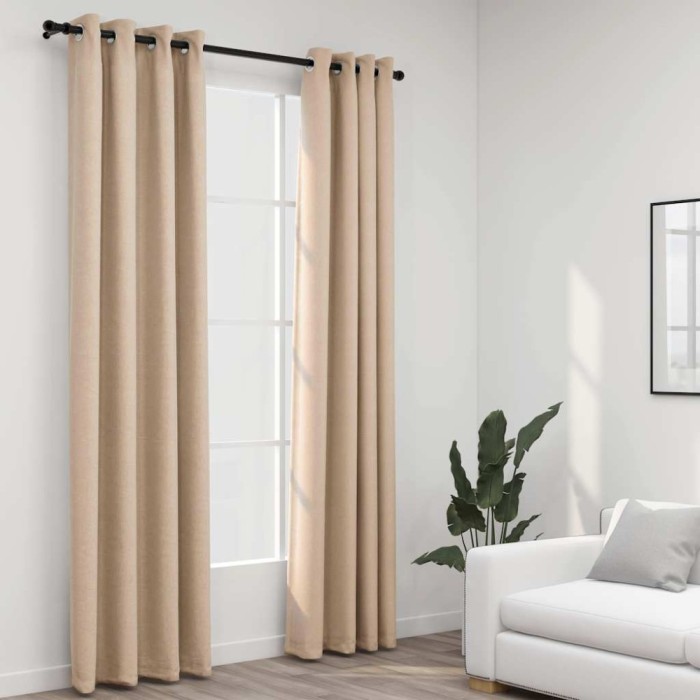 Draperii opace aspect in, cu ocheți, 2 buc., bej, 140 x 225 cm