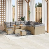 Set de canapea gradina Gossi cu 13 piese cu perne bej ratan poli acacia, set de dining gradina Gossi cu 3 piese cu perne bej ratan poli acacia