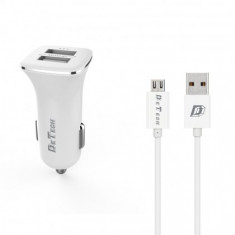 Incarcator Auto (14124) DeTech DE-C01M 12V / 5V - 2,4A 2xUSB + Cablu de Date Micro USB (FastCharger) Alb Blister