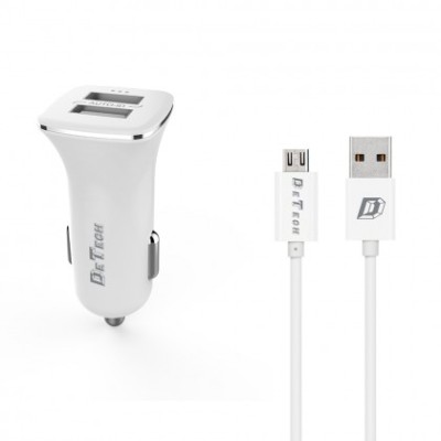 Incarcator Auto (14124) DeTech DE-C01M 12V / 5V - 2,4A 2xUSB + Cablu de Date Micro USB (FastCharger) Alb Blister foto