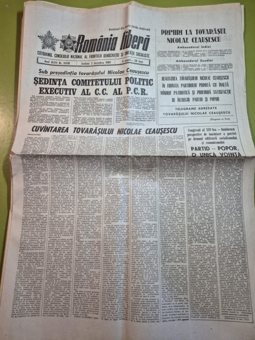 ziarul romania libera 2 decembrie 1989 - cuvantarea lui ceausescu