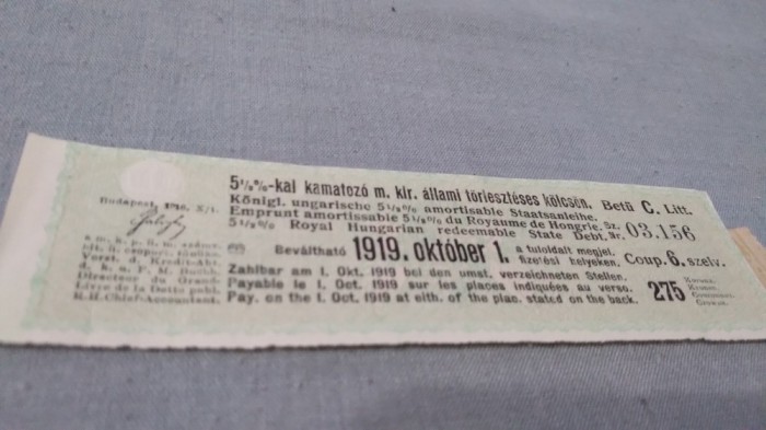 CUPOANE /BON DE TREZORERIE CU REDUCERE 1919 UNGARIA