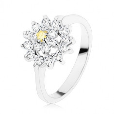 Inel cu braţe lucioase, floare din zirconiu galben şi din zirconii transparente, cerc strălucitor - Marime inel: 49