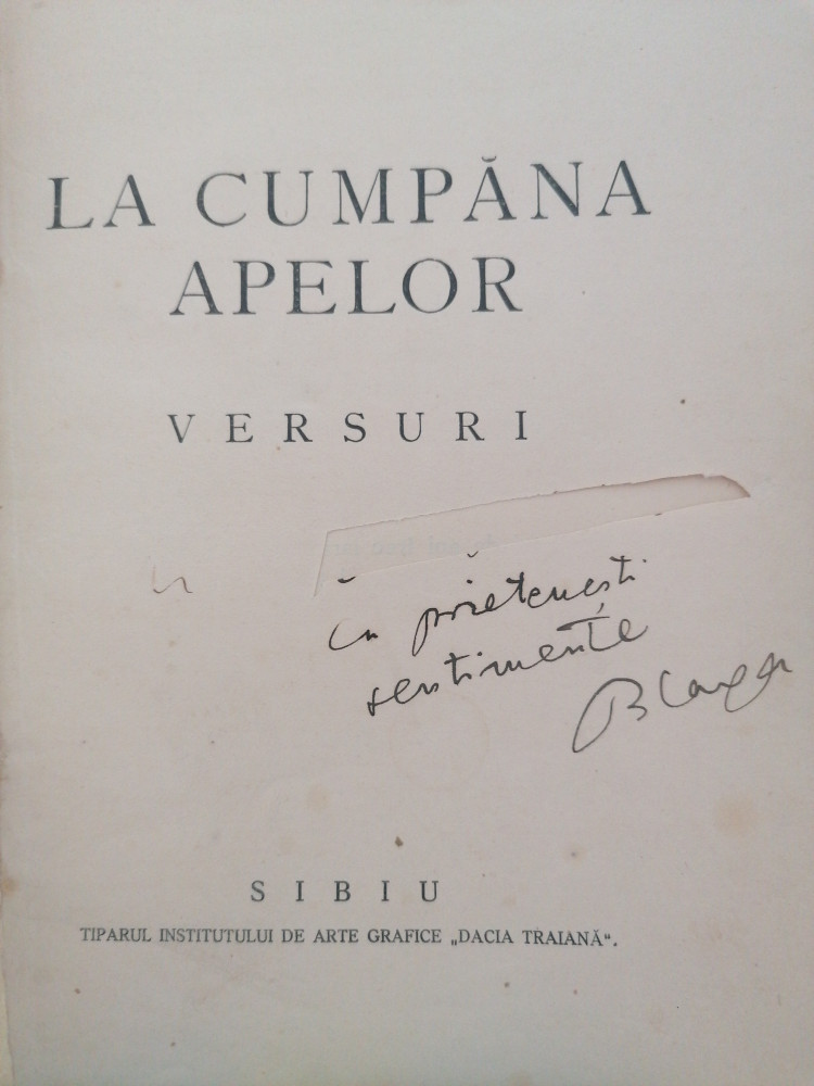 Lucian Blaga, "La cumpana apelor" (1933), cu autograful autorului) |  Okazii.ro