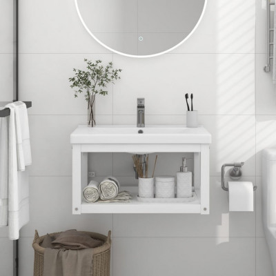 vidaXL Cadru chiuvetă de baie pentru perete, alb, 59x38x31 cm, fier foto