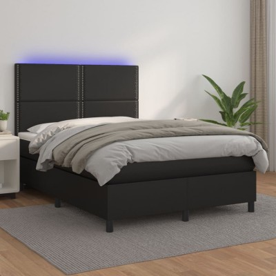 vidaXL Pat box spring cu saltea, negru, 140x190 cm, piele ecologică 3135879 foto