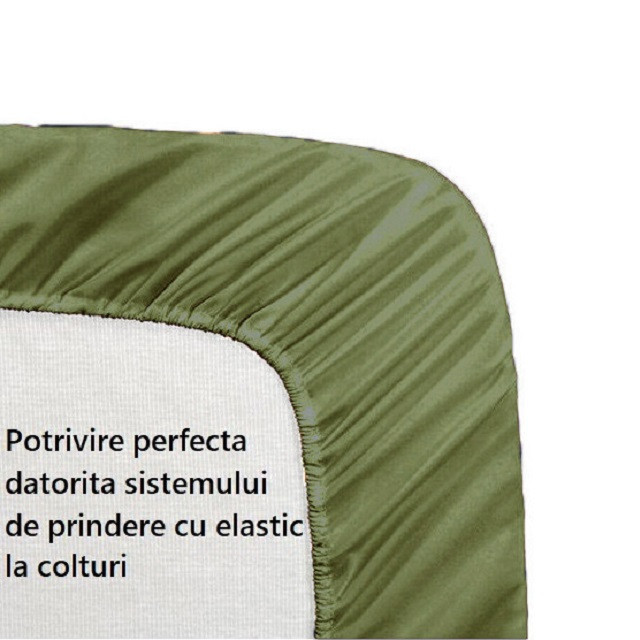 Cearceaf de pat cu elastic, bumbac natural 100%, verde armi - 180/200