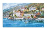 Tablou peisaj lacul Como pictat manual, 100x60cm ulei pe panza in cutit efect 3D, Valentin Pop