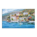 Tablou peisaj lacul Como pictat manual, 100x60cm ulei pe panza in cutit efect 3D, Valentin Pop