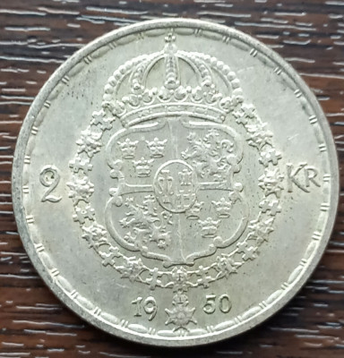 (A1072) MONEDA DIN ARGINT SUEDIA - 2 KRONOR 1950, LIT. TS, REGELE GUSTAV V foto