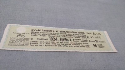 CUPOANE /BON DE TREZORERIE CU REDUCERE 1924 UNGARIA foto