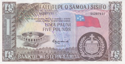 Bancnota Samoa de Vest 5 Pound ( 1963/ 2020 ) - P15b UNC ( reprint - serie S ) foto
