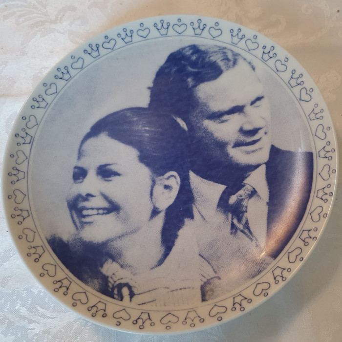 farfurie rara de colectie Regele Carl XVI Gustaf si Regina Silvia Suedia 1976