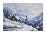 Tablou peisaj de iarna pictat manual, La cabana de la munte, 70x50cm ulei pe panza, Mircea Iordache