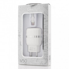 Incarcator Retea Tranyoo, V50, Fast Charge Kit, 2 x USB + Lightning Cable, White