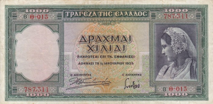 GRECIA 1.000 drahme 1939 VF/VF+!!!