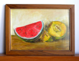 Fructe, natura statica - tablou original ulei pe carton panzat, rama 39,5 x 30cm, Realism