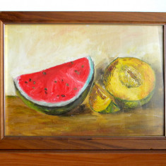 Fructe, natura statica - tablou original ulei pe carton panzat, rama 39,5 x 30cm