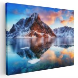 Tablou canvas peisaj rasarit lac munte, Norvegia, portocaliu, albastru 1182 Tablou canvas pe panza CU RAMA 80x120 cm