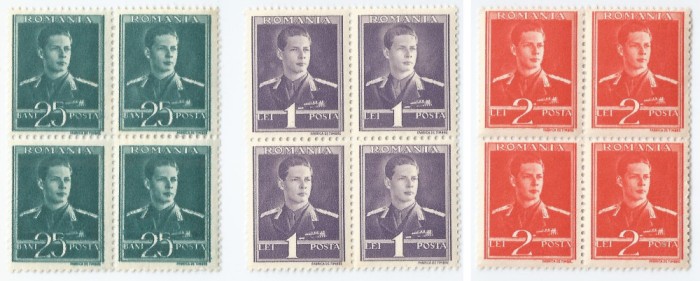 |Romania, LP 154/1944-1945, Mihai I , (filigran MM) (uzuale), blocuri de 4, MNH