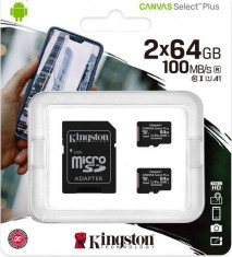 Card Kingston Canvas Select Plus R100 64GB MicroSDHC Clasa 10 UHS-I U1 Two Pack + Adaptor SD foto
