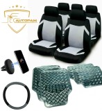 Huse Auto Universale Gri + Husa Volan cu Snur + Covorase Cauciuc Aluminiu + Suport Telefon Auto