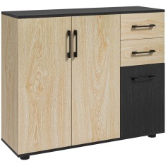 Bufet modern cu 2 dulapuri și 2 sertare, bufet de bucătărie cu raft reglabil, 90x30x75,5 cm, de culori nuc și negru HOMCOM | Aosom Romania