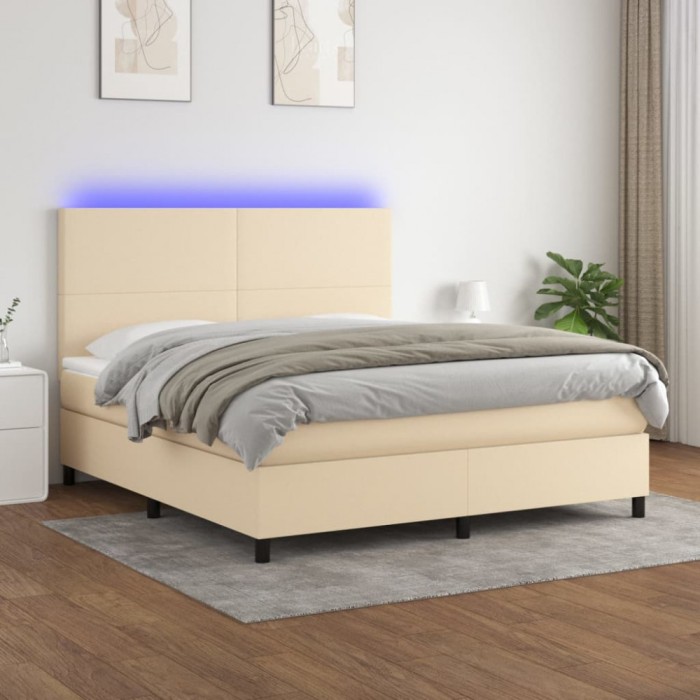 vidaXL Pat cu arcuri, saltea și LED, crem, 160x200 cm, textil 3134730