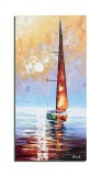 Cumpara ieftin Tablou pictat manual hol, living, dormitor, Apus de soare cu velier, 80x40cm ulei pe panza, Leo Covaci