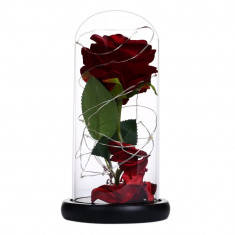 Trandafir in cupola de sticla Pufo Sparkle Rose, decorat cu lumini LED, 21 cm, visiniu