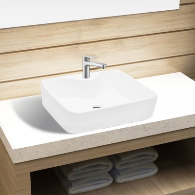 Chiuvetă de baie pătrată din ceramică cu gaură pentru robinet, alb foto