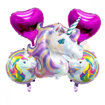 Buchet 5 baloane folie Unicorn foto