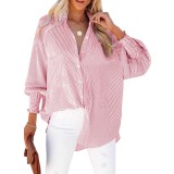 Bluză casual elegantă, largă, cu m&acirc;neci lungi, cu nasturi și dungi, pentru femei &ndash; Roșu 42-44