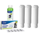 Kit intretinere pentru espressor, Aqualogis, 3 x Filtru apa AL-TES46, Tablete curatare Cleaneo, Solutie decalcifiere Verde 250 ml