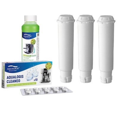 Kit intretinere pentru espressor, Aqualogis, 3 x Filtru apa AL-TES46, Tablete curatare Cleaneo, Solutie decalcifiere Verde 250 ml foto