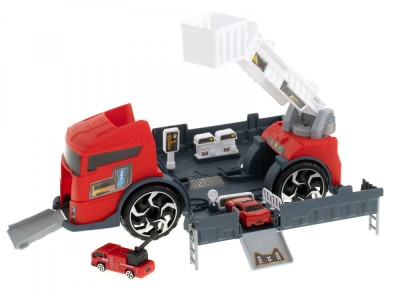 Set camion transport 2 in 1, parcare cu 3 masinute in camion de pompieri, 3 ani+, rosu/gri foto