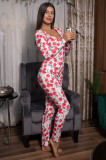 Pijama dama lunga tip salopeta alb cu rosu cu nasturi si imprimeu Cirese