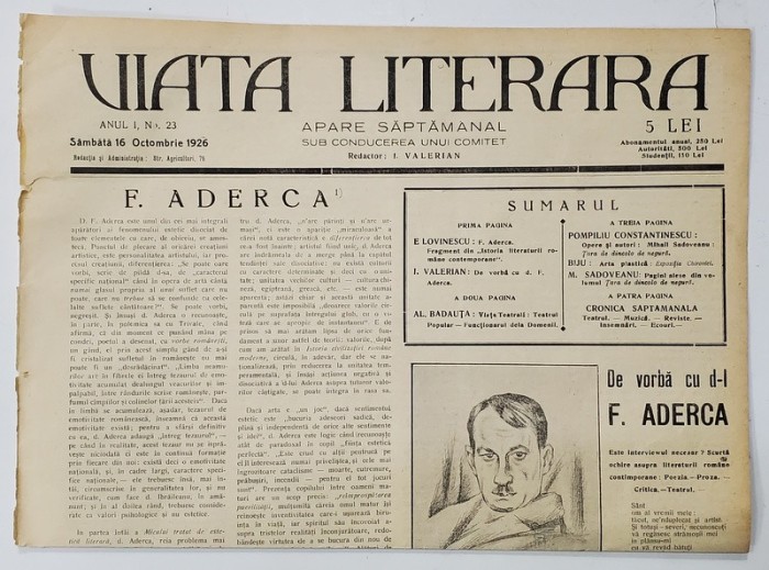 VIATA LITERARA , SAPTAMANAL , ANUL I , NR. 23 , 16 OCTOMBRIE , 1926