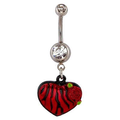 Piercing pentru buric - inimă roșie cu negru, cu model zebră, trandafir foto