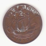 &frac12; Half Penny 1953, an unic de batere- Elizabeth II 1st portrait; with &#039;BRITT:OMN&#039;, Europa, Bronz
