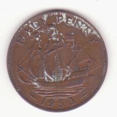 &frac12; Half Penny 1953, an unic de batere- Elizabeth II 1st portrait; with &#039;BRITT:OMN&#039;