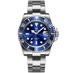 Ceas automatic de scufundări STEELDIVE SD1953, 41 mm, brățară argintie, carcasă și cadran albastru, NH35, cristal safir, 30 ATM
