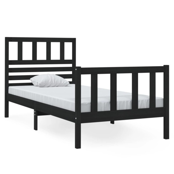 Cadru de pat mic single, negru, 75x190 cm, lemn masiv