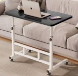 Birou multifuntional cu roti, inaltime reglabila, cadru metalic, blat lemn inchis, dimensiuni 80x40 cm, alb/lemn inchis