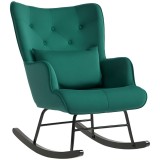 HOMCOM Fotoliu Balansoar din Catifea cu Spătar &Icirc;nalt, Fotoliu Balansoar cu Pernă și Brațe, 70x86x94 cm, Verde | Aosom Romania