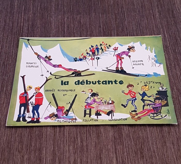 Carte Poștală Veche Franceză &ndash; &bdquo;La D&eacute;butante&rdquo;, Umor Schi, Ilustrație Color